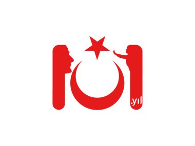 101 yıllık logo. 101 yıllık kırmızı Türk bayrağı, çocuk ve Atatürk 'ün temsilcisi. 101. yıldönümü. Türk bayraklı 101. yıl dönümü logosu. Beyaz arkaplan.