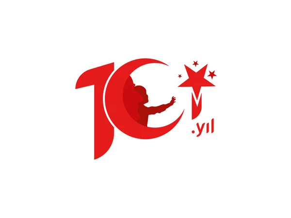 101年のロゴ 101年の赤いトルコの旗 少年とアタチュルクのベクトルイラスト 101周年 トルコの旗を持つ101周年記念ロゴ — ストックベクタ