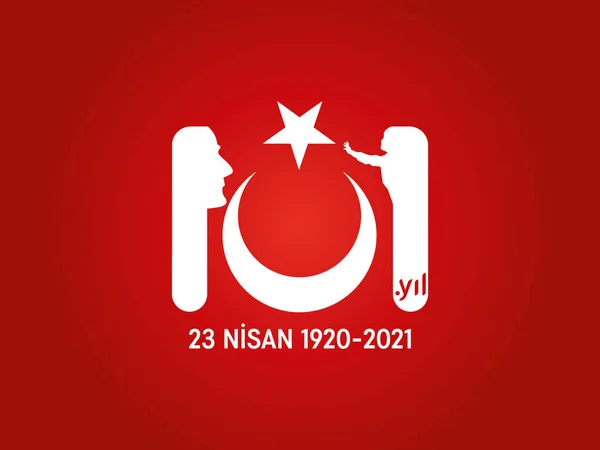 10年目のロゴ 子供の日の男の子とAtaturk 4月23日 トルコ国旗ベクトルイラスト トルコの旗を持つ101周年記念ロゴ 赤の背景 — ストックベクタ
