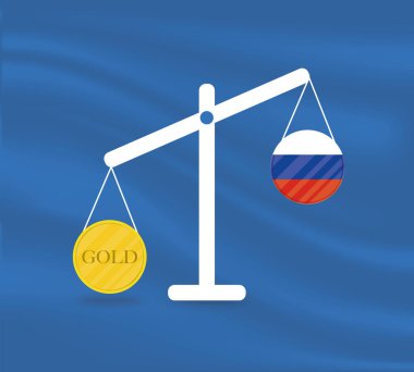 Terazi ve Rusya 'nın ekonomisinin dengesine sarı altın para yatırıldı. Altın yükseliyor, ülkenin para birimi değeri düşüyor. Para değeri ve satın alma gücü değişimi.