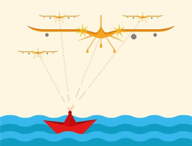 Denizde radar ve kontrol sensörleri olan bir gemiden. Renkli UAV simgesi. Havacılık teknolojisi askeri drone modern savaş. Modern bir şekilde insansız hava aracı olarak gösterilmektedir (UAV).