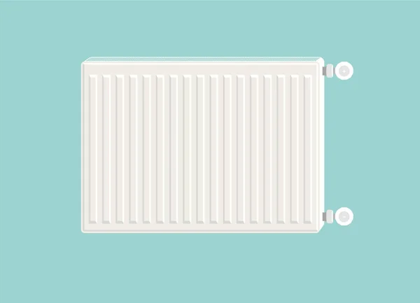 加热散热器 加热系统用金属散热器 现代设计风格 现实的白色面板暖气散热器蓝色背景 说明装置 — 图库矢量图片
