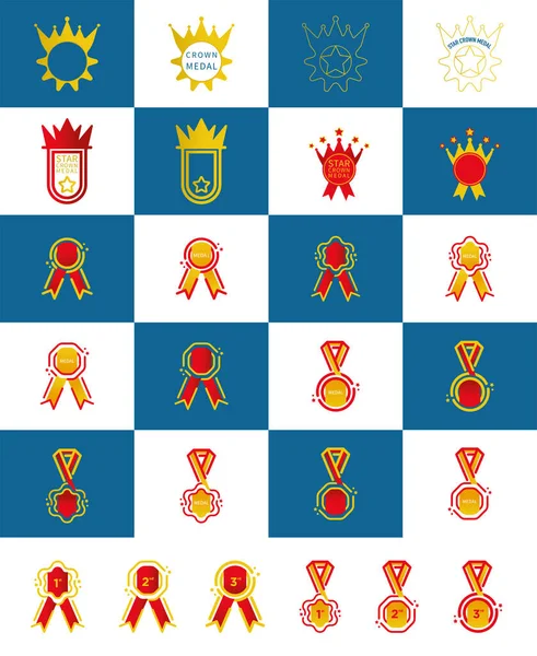 Gran Conjunto Diferentes Medallas Trofeos Logotipo Corona Iconos Gran Conjunto — Archivo Imágenes Vectoriales