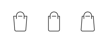 İnce çizgi halinde 3 paket simge. Alışveriş poşeti ikonları. Beyaz Arkaplanda Siyah Çizgi Simgeleri Koleksiyonu. Modern Vektör İllüstrasyonu