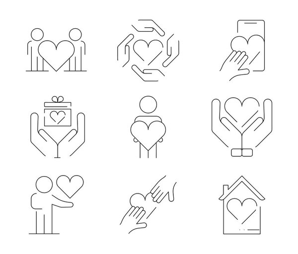 Icon set of 9, such as couple, romantic hands and gift box. Valentine's day symbols icon set. Quality design elements. Editable contour. Modern line art icon.
