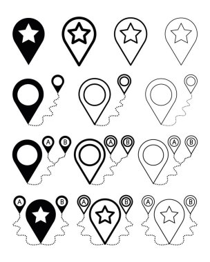 Yer işaretleri ayarlandı. Bir yerden başka bir yere git. Yer simgesi simgesi. Harita konum işareti. Yıldız basit konum noktalarının vektör simgesini beyan etti. Farklı kalınlık simgesi seti.