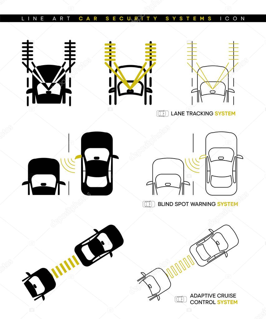 Car security systems icon set. It includes icons such as lane tracking of the car, notification of the vehicle coming from the side, and checking the distance of the vehicle ahead. Editable line icon.