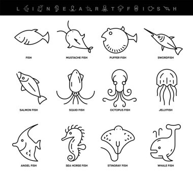 Farklı Balık Hattı simgesi seti. Bu tür ikonlar balık ikonu ince set içerir. Düzenlenebilir satır. Çeşitli balık simgeleri. Balık logosu şablonu. Balıkçılık kulübü veya internet mağazası yaratıcı vektör simgesi.