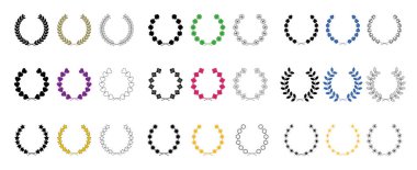 Farklı çelenk simgesi seti. Dairesel ve bir ödül, Heraldry çelengi. Başarıyı, zaferi, tacı, kazananı, süslemeyi, vektör resmetmeyi resmeden çelenk koleksiyonu.