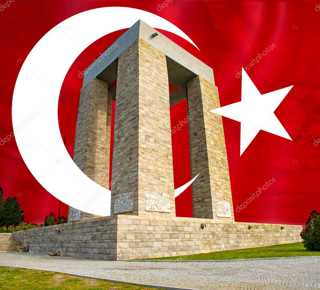 Turkish flag and anakkale Monument design. anakkale Martyrs Monument against the Dardanelles Strait. It is a commemoration of the service of the Turkish soldiers who participated in the war.