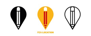 Kalem logosu. Kalem konumu simgesi tasarım logosu. Siluet, renkli ve doğrusal kalem simgesi seti. Web mobil uygulama logo tasarımınız için yaratıcı konum simgesi. Çizgi vektör illüstrasyonu.