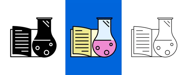 本のロゴとアイコンセットと化学テストチューブ シルエット 線形のアイコンセット 化学研究所のラインアイコン 化学式 顕微鏡および医学分析 編集可能系統 — ストックベクタ