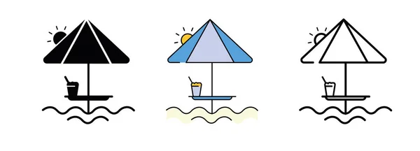 Ikona Pláže Plážový Deštník Písek Plážová Ikona Silueta Barevná Lineární — Stockový vektor