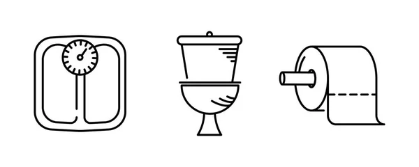 浴室对象图标 脚刻度 马桶和卫生纸标识和图标集 线形和线形图标集 浴室对象行图标 可编辑的行 网页和应用程序像素化设计 — 图库矢量图片