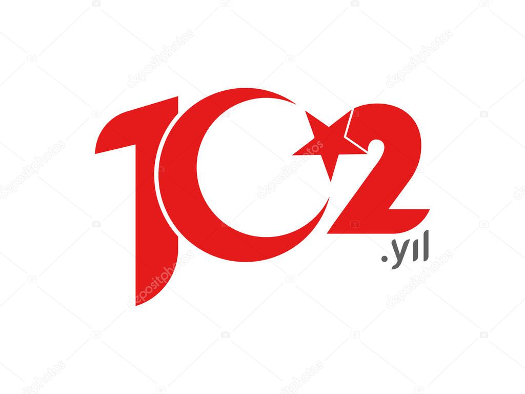 102 years logo. 102-year-old red Turkish flag vector illustration. Important day, holiday and memorial message message. In its 102nd year.