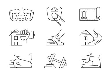 Fitness ikonu seti. Doğrusal küme. Spor ayakkabılı, kilolu, vücutlu ve daha fazlası olan spor ikonu. Koşu işareti. Düzenlenebilir logo.