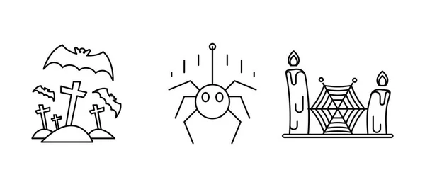 Iconos Araña Velas Murciélagos Colgando Aire Set Para Concepto Halloween — Archivo Imágenes Vectoriales