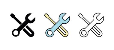 Tornavida simgesi seti. Onarım, Tornavida, Mühendis, Teknik Destek ve daha fazlası gibi semboller içerir. Düzenlenebilir Vuruş. Renkli ve siluet doğrusal simge kümesi.