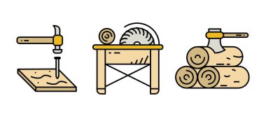 Balta ağaç kütüklerine sıkışmış, çivi çakıyor ve odun ikonu seti kesiyor. Ahşap üretim sürecinin ince simgeleri. İmalat simgesi seti. Siluet, renkli ve doğrusal küme.