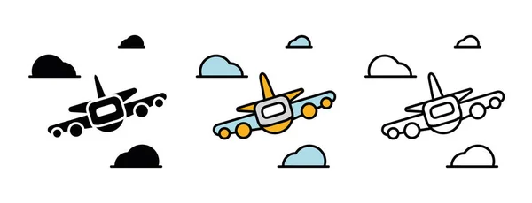 Набор Иконок Самолета Эскиз Самолёта Передней Стороны Установленный Среди Облаков — стоковый вектор