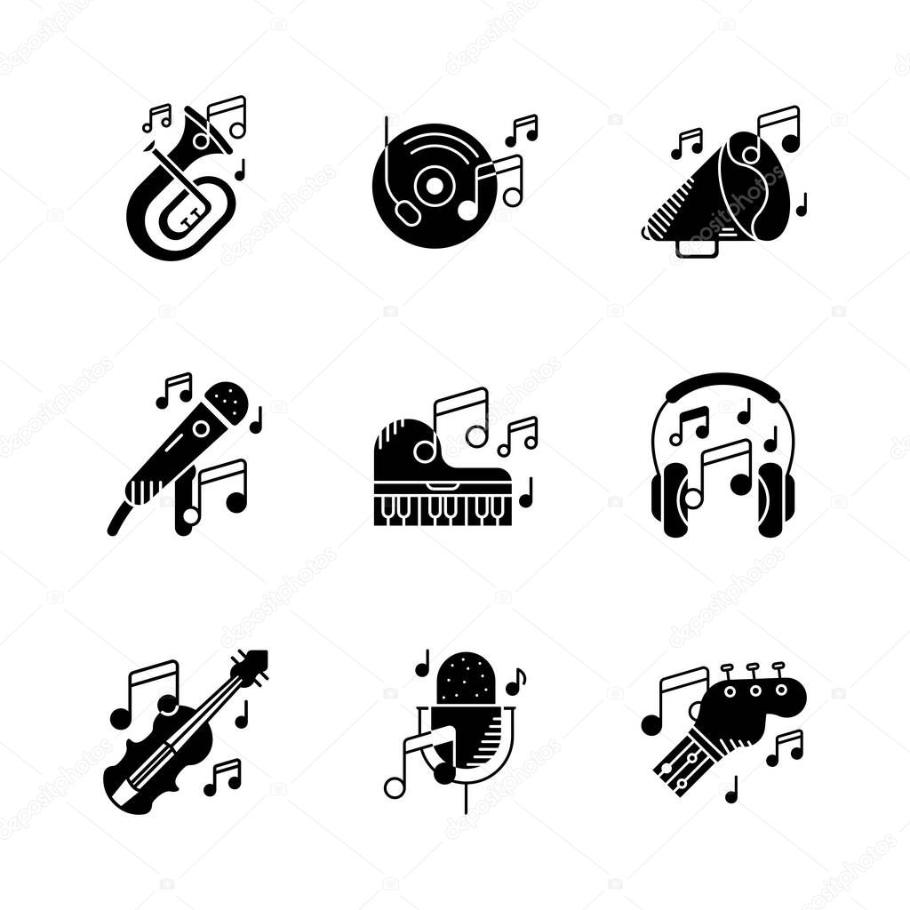 Set of 9 Musical instruments icon. Violin, Baritone tuba, Trumpet, piano, speaker guitar, musical notes and many icon sets. Entertainment and art icon illustration set. Silhouette icon set.