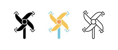 Yel değirmeni oyuncak ikonu seti. Eğlence ve oyun ikonu. Çocuk oyuncağı seti. Düzenlenebilir satır seti. Siluet, renkli, doğrusal simge kümesi.