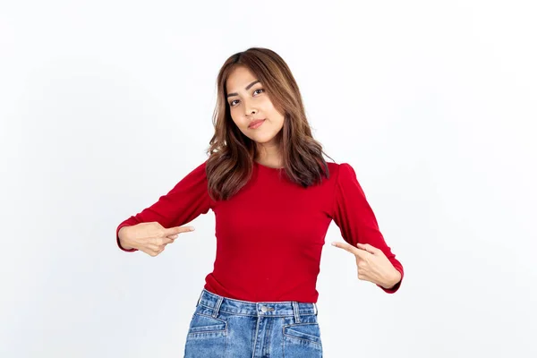 Portrait Asian Woman Blank Red Shirt White Background Mock — Stock Photo, Image