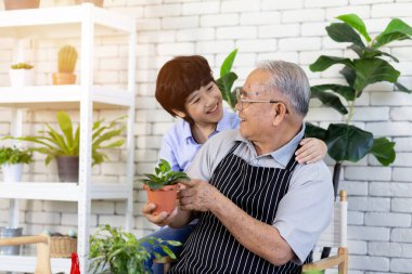 Asyalı büyükbaba ve torunu bahçede birlikte vakit geçirmişler..