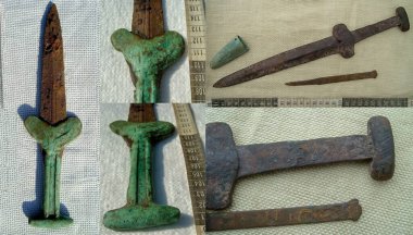 İskitlilerin bronz saplı hançerleri, kılıç kınının sonu ve 5.-3. yüzyılın bıçağı. İ.Ö. Doğu Avrupa. beş plan