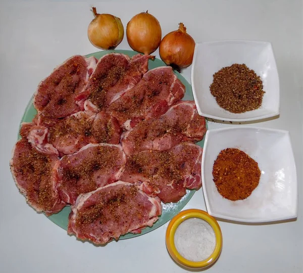 Preparación Carne Cerdo Con Cebolla Especias Barbacoa — Foto de Stock