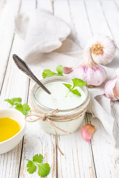 Cilantro Garlic Sauce Lime Juice Olive Oil Glass Jar — Stock Photo, Image