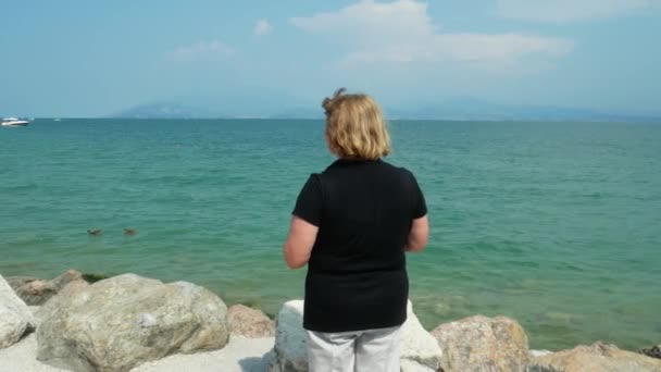 Rückansicht einer einsamen Frau, die am felsigen Strand steht und in die Ferne blickt — Stockvideo