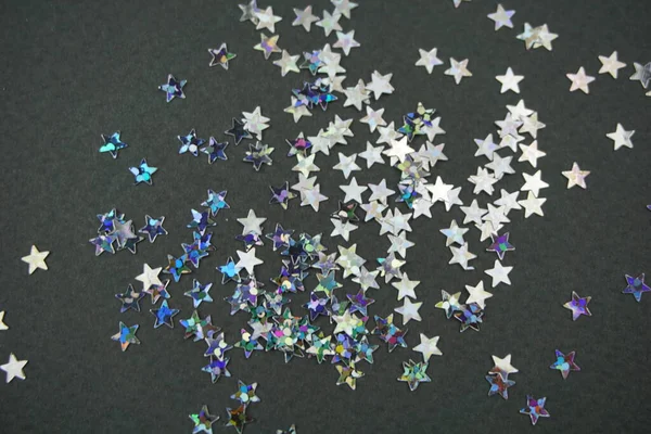 Silver Decorative Stars Gray Background Selective Focus Close — Stock Photo, Image