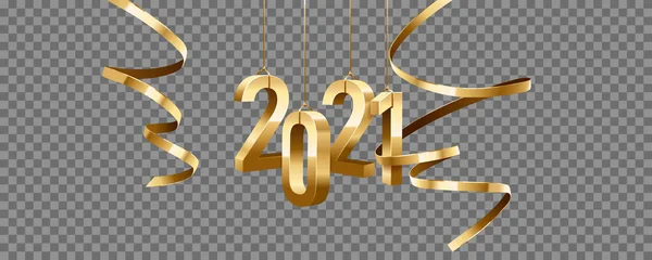 Новым 2021 Годом Висящие Золотые Трехмерные Числа Лентами Изолированные Прозрачном — стоковый вектор