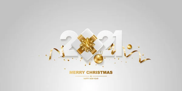 2021年新年快乐 白纸号码 白色背景上有金色缎带 礼品盒和五彩纸屑 — 图库矢量图片