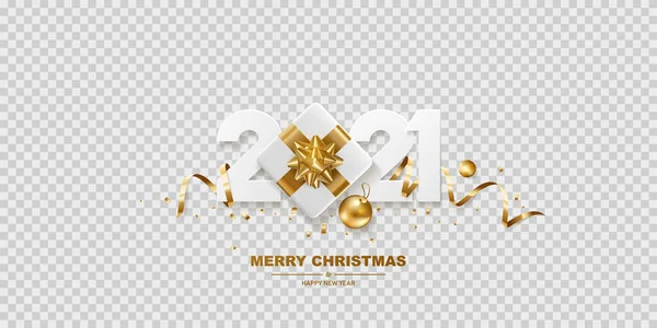 Happy New Year 2021 White Paper Numbers Golden Ribbons Gift — Stock Vector