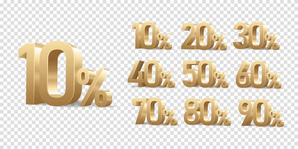 Скидка Золотые Цифры Процентами Знак Изолированные Прозрачном Фоне Набор Дисконтных — стоковый вектор
