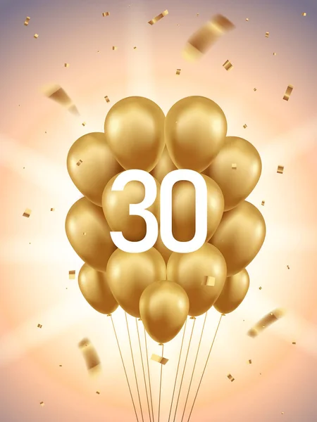 30E Anniversaire Fond Célébration Ballons Dorés Confettis Avec Rayons Soleil — Image vectorielle