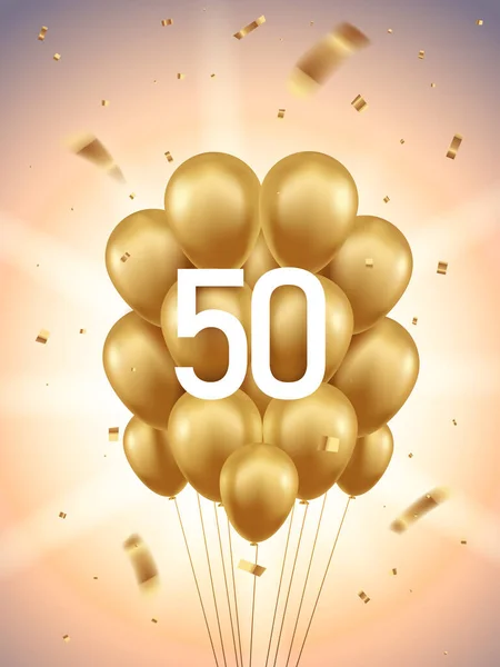 50Η Επέτειος Επέτειο Φόντο Εορτασμού Χρυσά Μπαλόνια Και Κομφετί Ηλιαχτίδες — Διανυσματικό Αρχείο