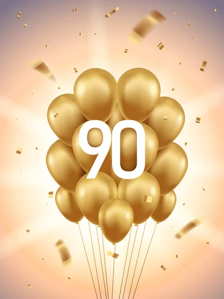 Fond Célébration 90E Anniversaire Ballons Dorés Confettis Avec Rayons Soleil — Image vectorielle