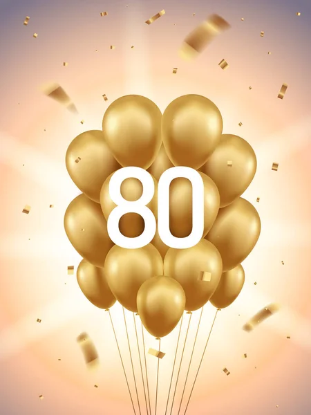 80E Anniversaire Fond Célébration Ballons Dorés Confettis Avec Rayons Soleil — Image vectorielle