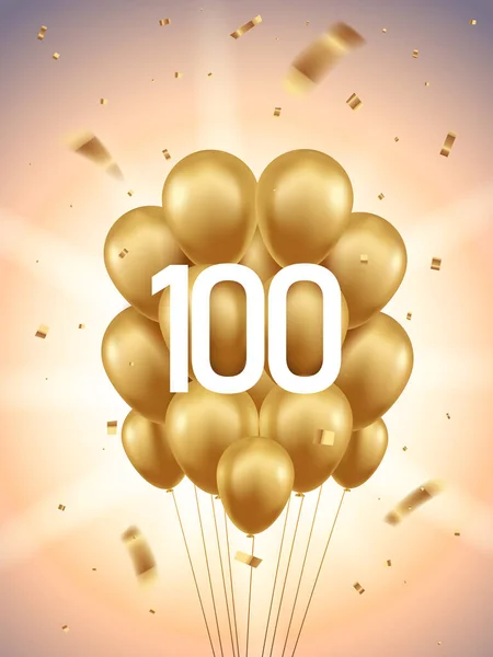 100 Лет Празднования Юбилея Золотые Воздушные Шары Конфетти Лучами Солнца — стоковый вектор