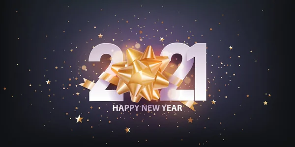 Mutlu yıllar 2021. Siyah arka planda beyaz rakamlı ve konfetili altın yapıştırıcı hediye yayı. Tatil tebrik kartı. Vektör illüstrasyonu. 