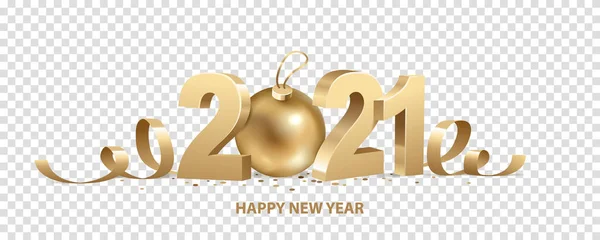 2021年の新年 透明な背景に隔離されたリボン クリスマスボールとコンフェッティを持つ黄金の3D番号 — ストックベクタ