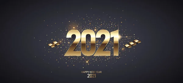 Happy New Year 2021 Background Golden Shiny Numbers Confetti Ribbons — Stock Vector