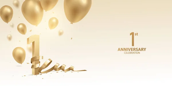 Jarig Jubileum Achtergrond Gouden Nummers Met Gebogen Lint Confetti Ballonnen — Stockvector