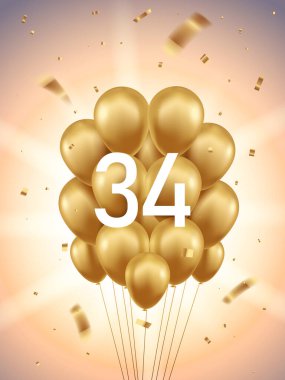 34. yıl dönümü kutlaması geçmişi. Altın balonlar ve arkasında güneş ışınları olan konfetiler..