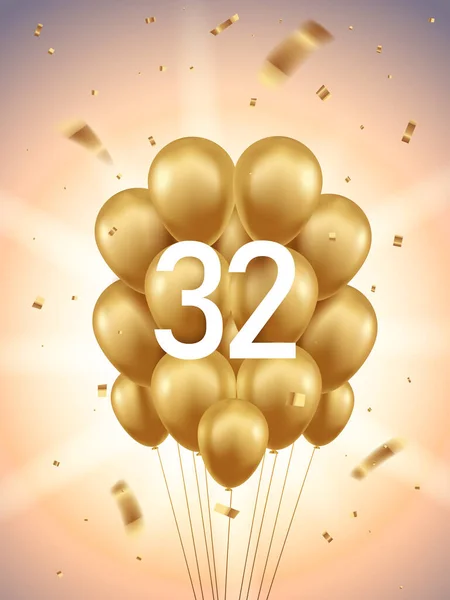 32E Verjaardag Viering Achtergrond Gouden Ballonnen Confetti Met Zonnestralen Achtergrond — Stockvector