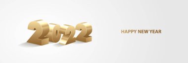 Mutlu yıllar 2022. Beyaz yatay arkaplanda üç boyutlu altın sarısı sayılar. Tatil tebrik kartı tasarımı.