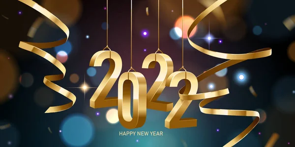 祝2022年新年快乐 带着彩带和彩带的金色3D数字挂在分散焦点的彩色背景上 — 图库矢量图片